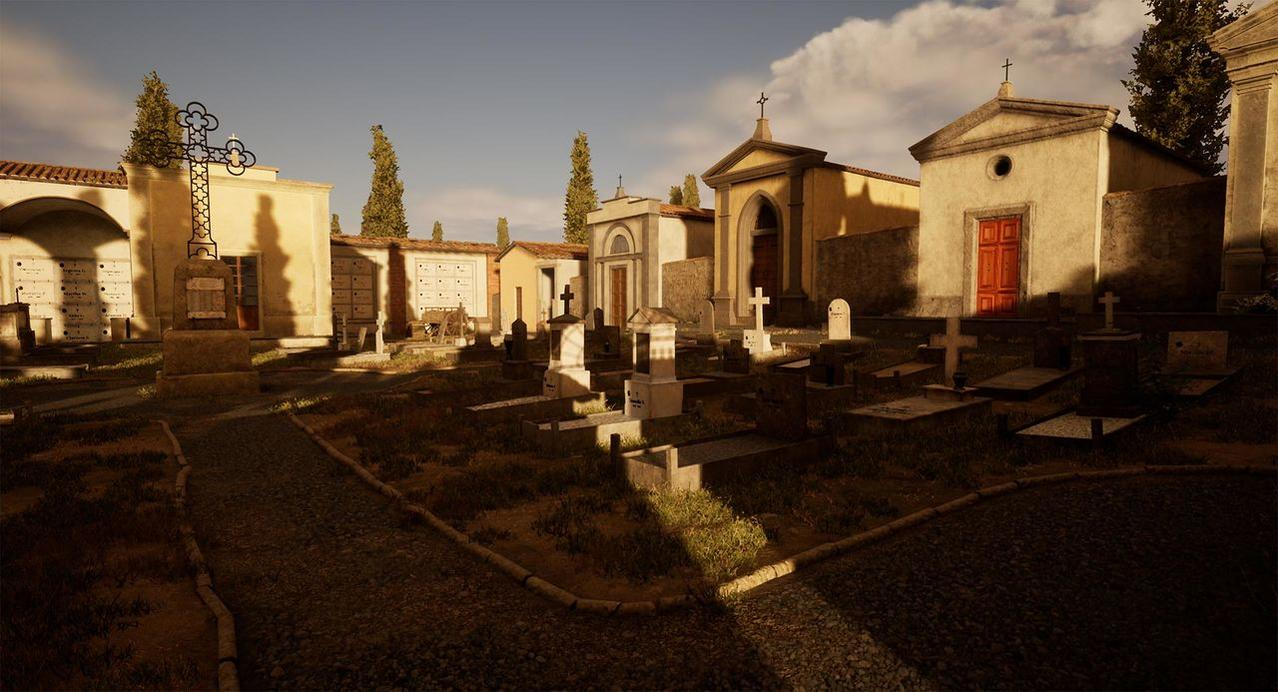 Eine Friedhofsszene mit Grabsteinen, einem Weg und kleinen Gebäuden unter sonnigem Himmel. Schatten sind vorhanden.