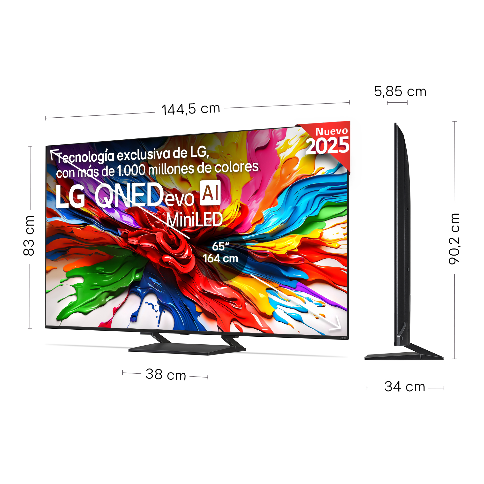 Un televisor LG QNED Evo MiniLED grande que muestra imágenes coloridas. Tiene un soporte minimalista y un marco negro delgado.