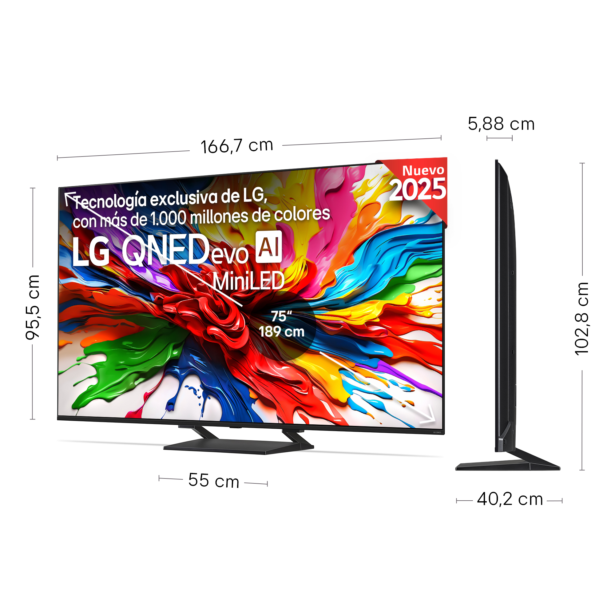 TV LG QNED Evo MiniLED. Se muestran dimensiones y especificaciones. Características: pantalla colorida y etiquetas de texto.