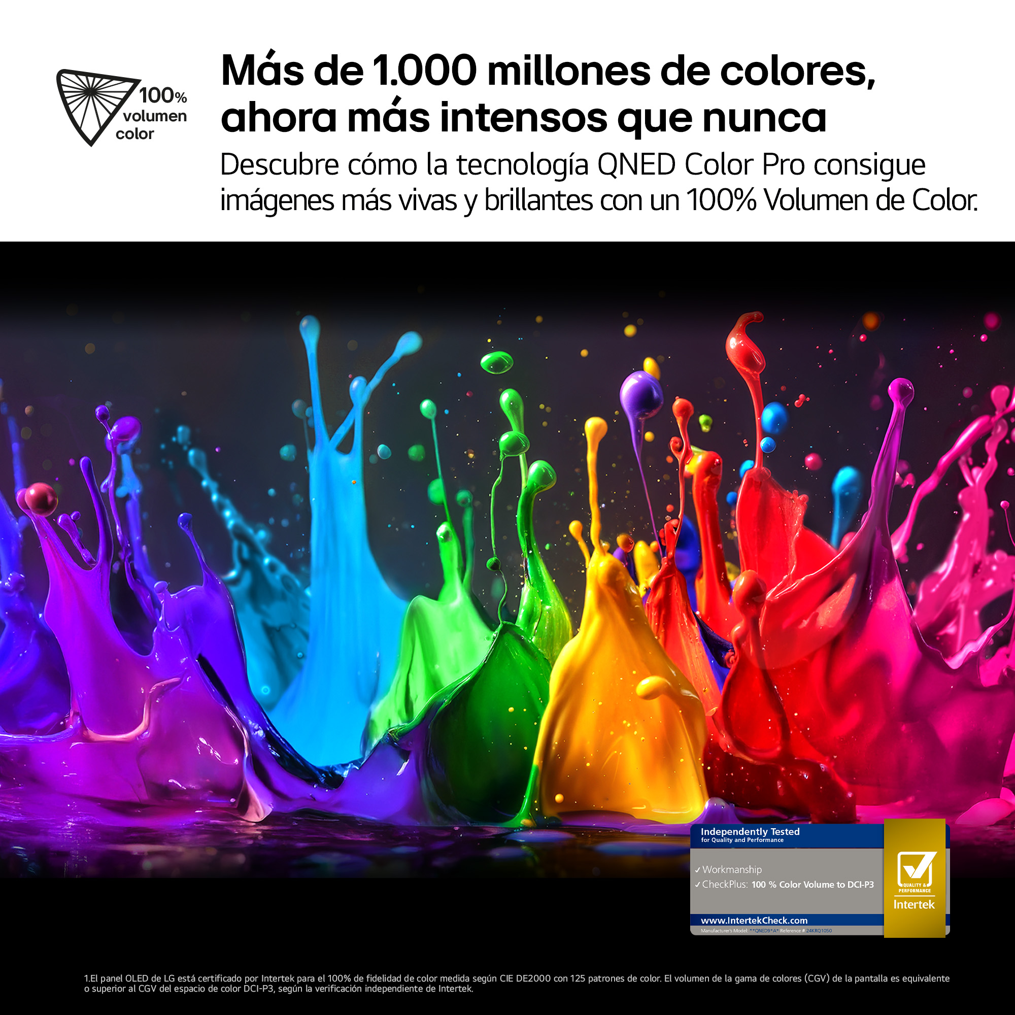 Salpicaduras de pintura coloridas en rojo, amarillo, verde, azul y morado, sobre fondo oscuro, promoviendo tecnología de pantalla vibrante.