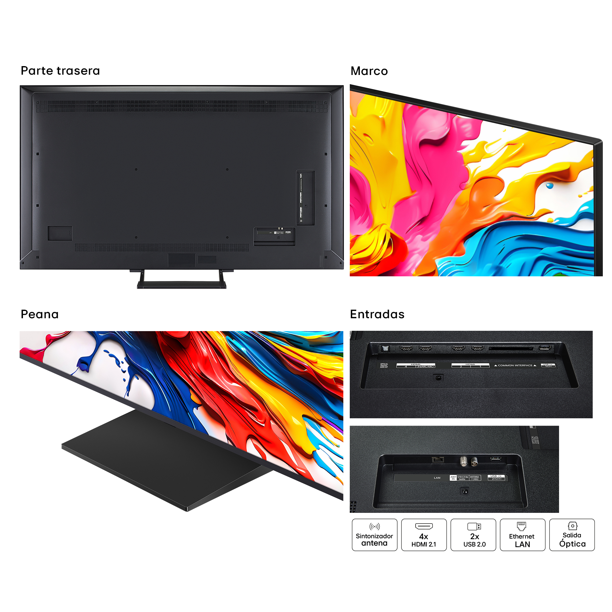 Un televisor negro muestra detalles traseros y de puertos. También hay un soporte y arte abstracto colorido.