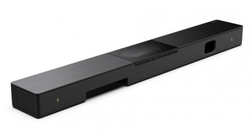 Czarny soundbar z różnymi sekcjami na białym tle.