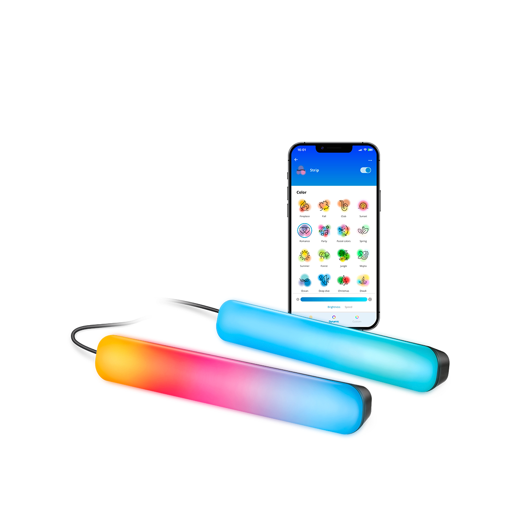 Zwei Lichtleisten mit Farbverläufen. Smartphone zeigt Farbauswahl der App.