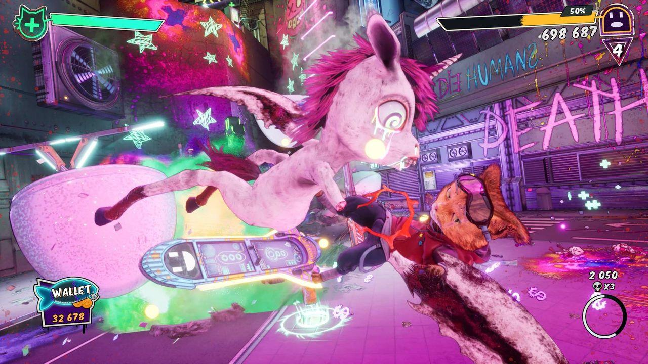 Videospielszenen mit einem pinken, einhornartigen Wesen und Hund.