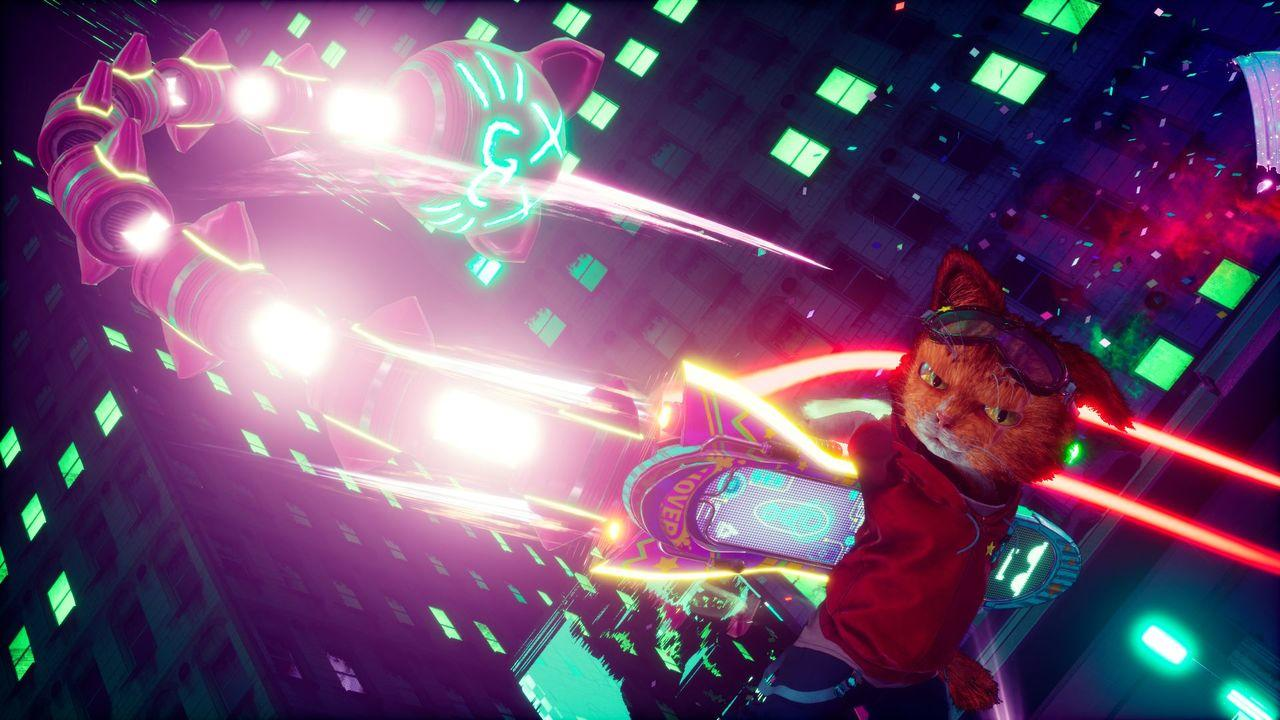 Eine katzenartige Figur mit Brille schießt Laser in einer neonbeleuchteten Stadtlandschaft.