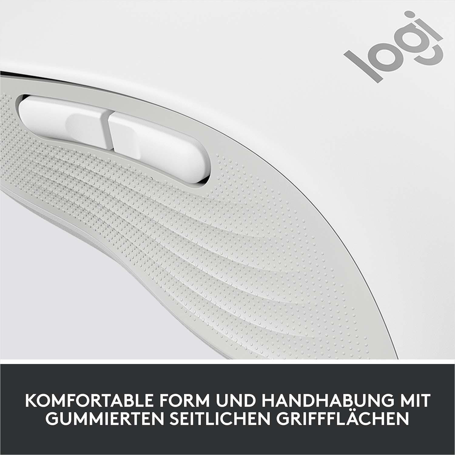 Nahaufnahme einer weißen Computermaus mit strukturierter Grifffläche.