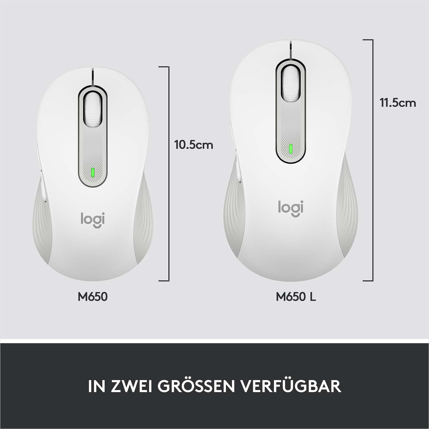 Zwei weiße Computermäuse, eine etwas größer als die andere, mit Maßangaben.