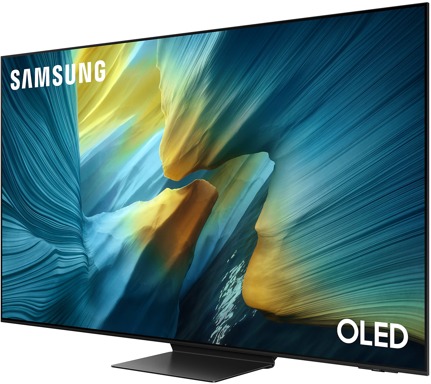 Samsung OLED TV színes, absztrakt háttérrel és fekete állvánnyal.