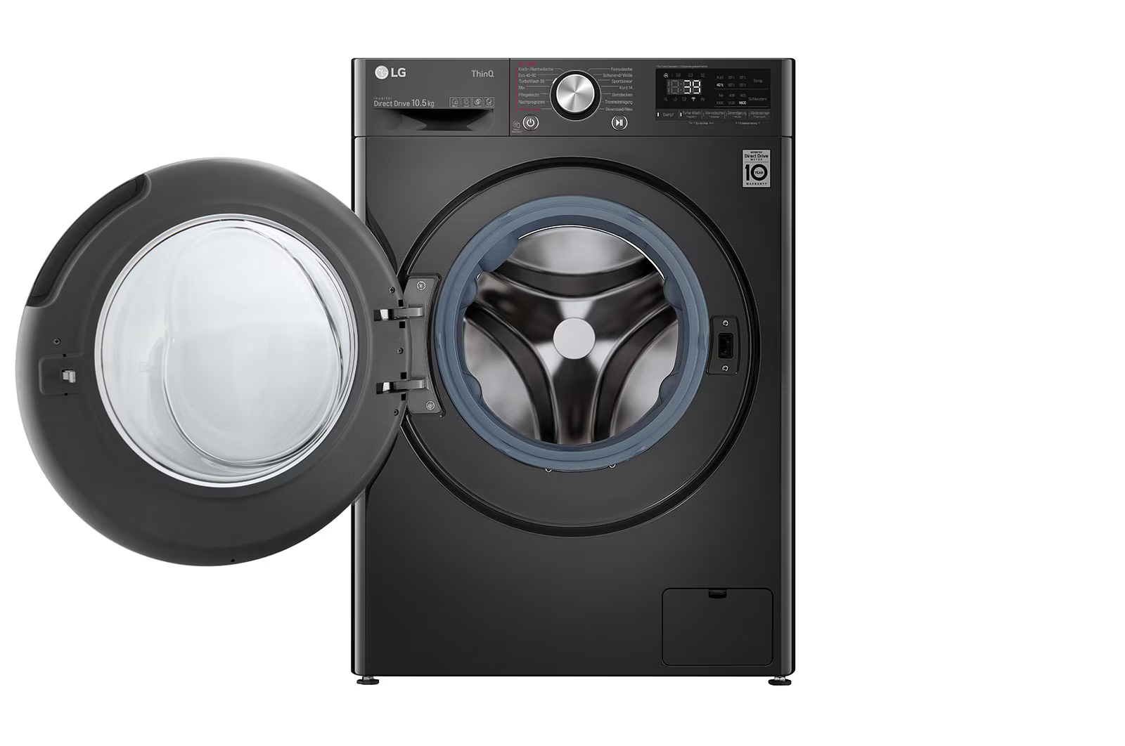 Schwarze LG Waschmaschine mit offener Tür.