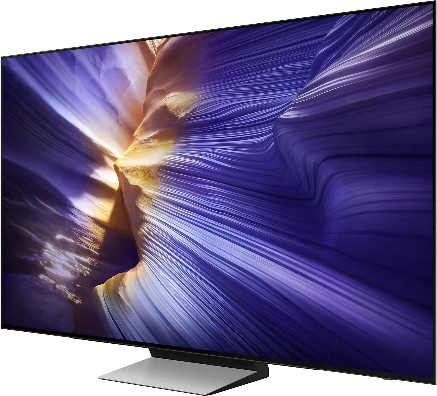 Egy TV tájkép kijelzővel. A jelenet lila, fehér és barna színekkel rendelkezik. A TV-nek állványa van.