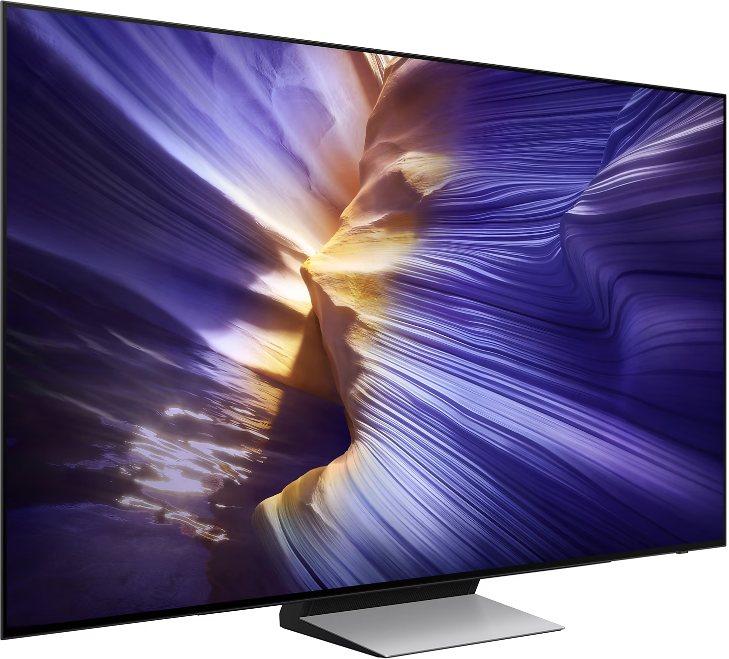 Egy TV tájkép kijelzővel. A jelenet lila, fehér és barna színekkel rendelkezik. A TV-nek állványa van.