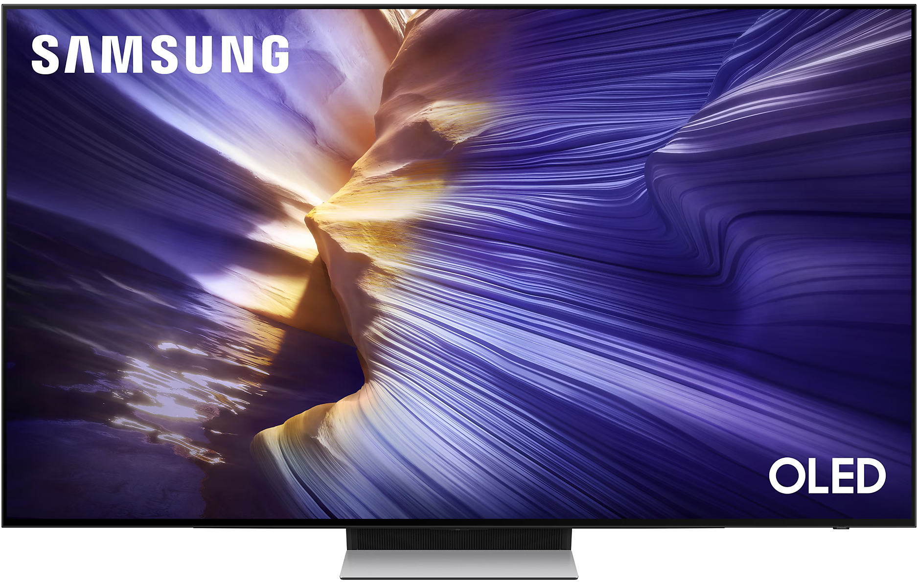 Samsung OLED TV, absztrakt művészetet mutat. Fekete képernyő, ezüst talp, OLED logó.