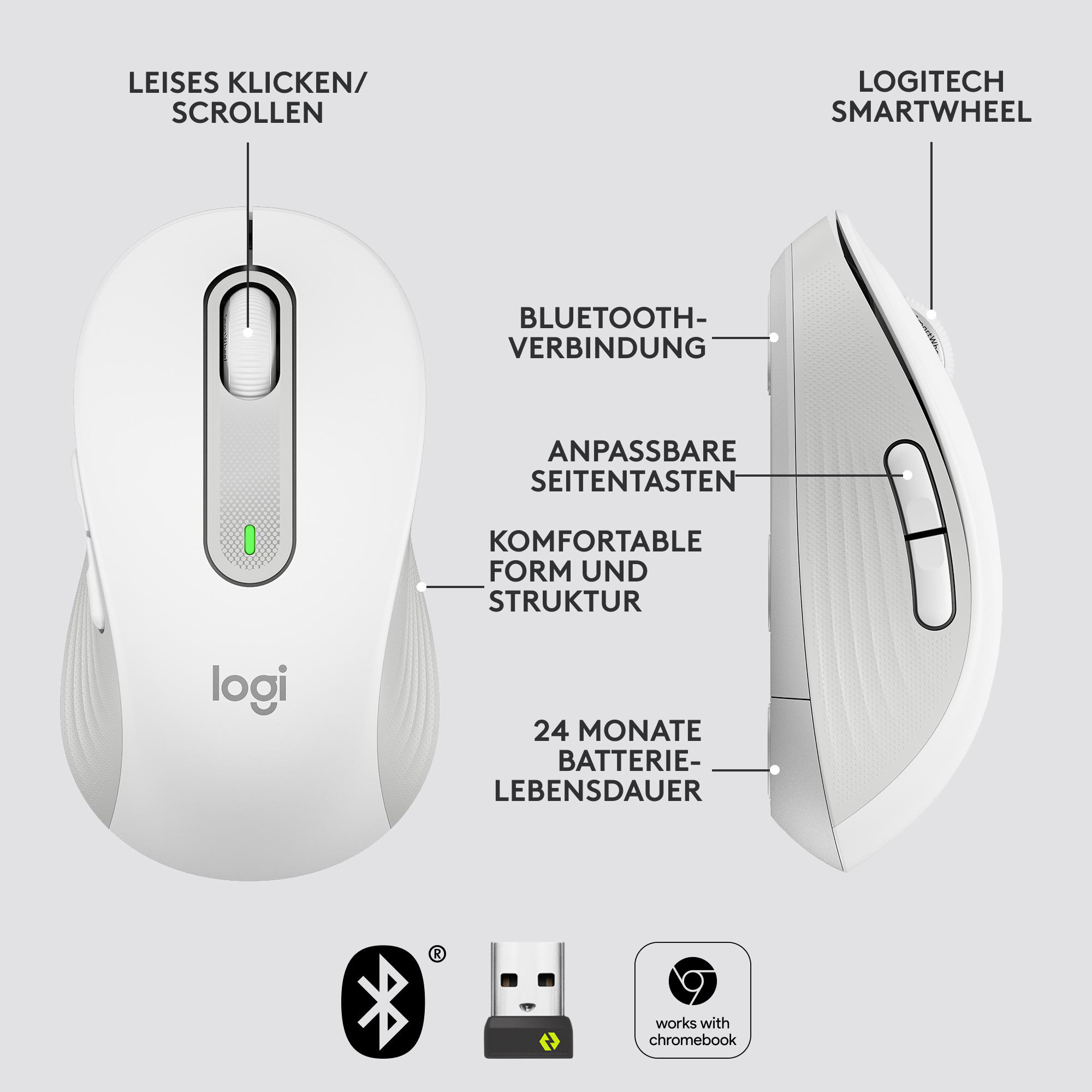 Weiße Logitech-Maus mit Seitentasten, Ansichten von oben und der Seite.