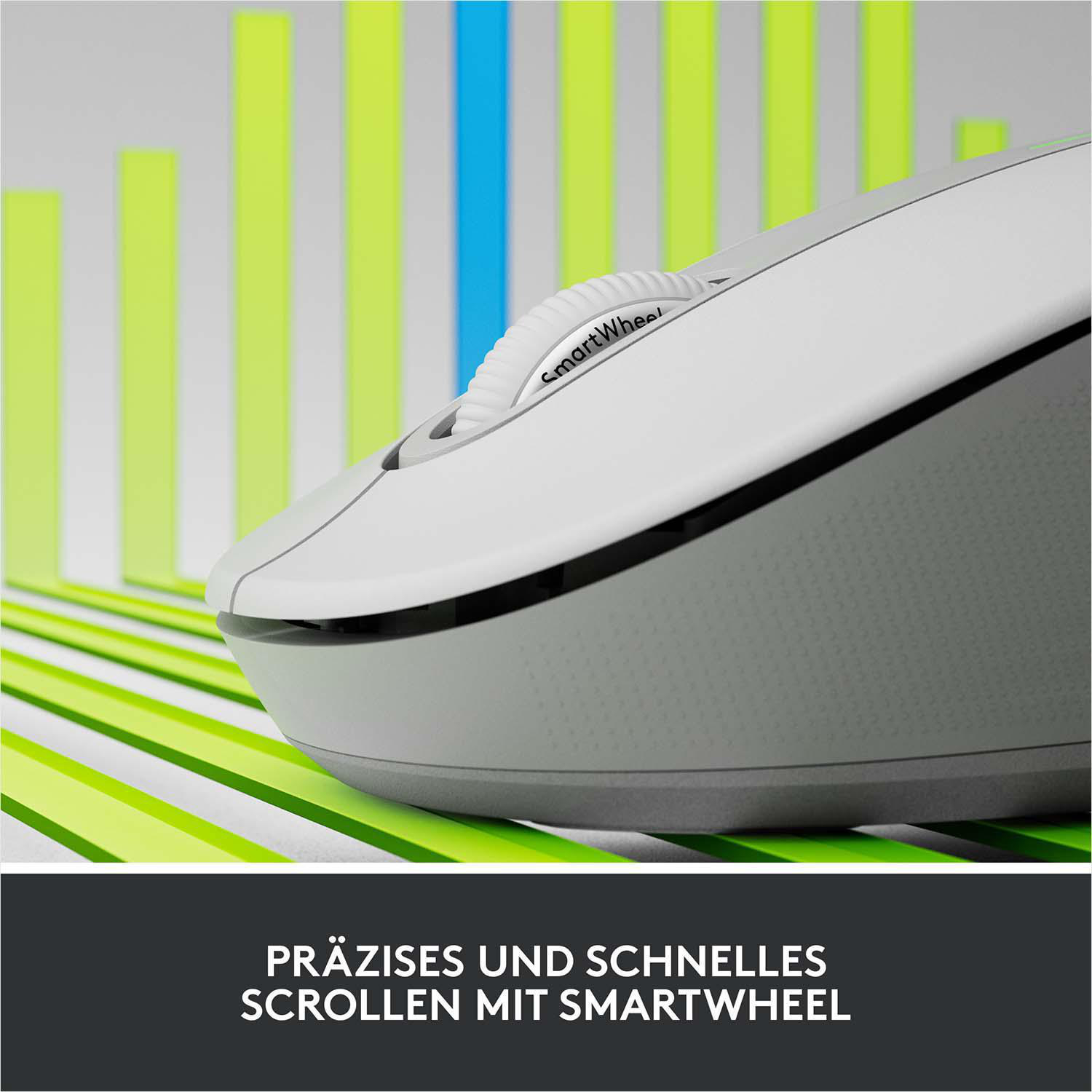 Graue Maus mit SmartWheel. Grüne und blaue Balken im Hintergrund.