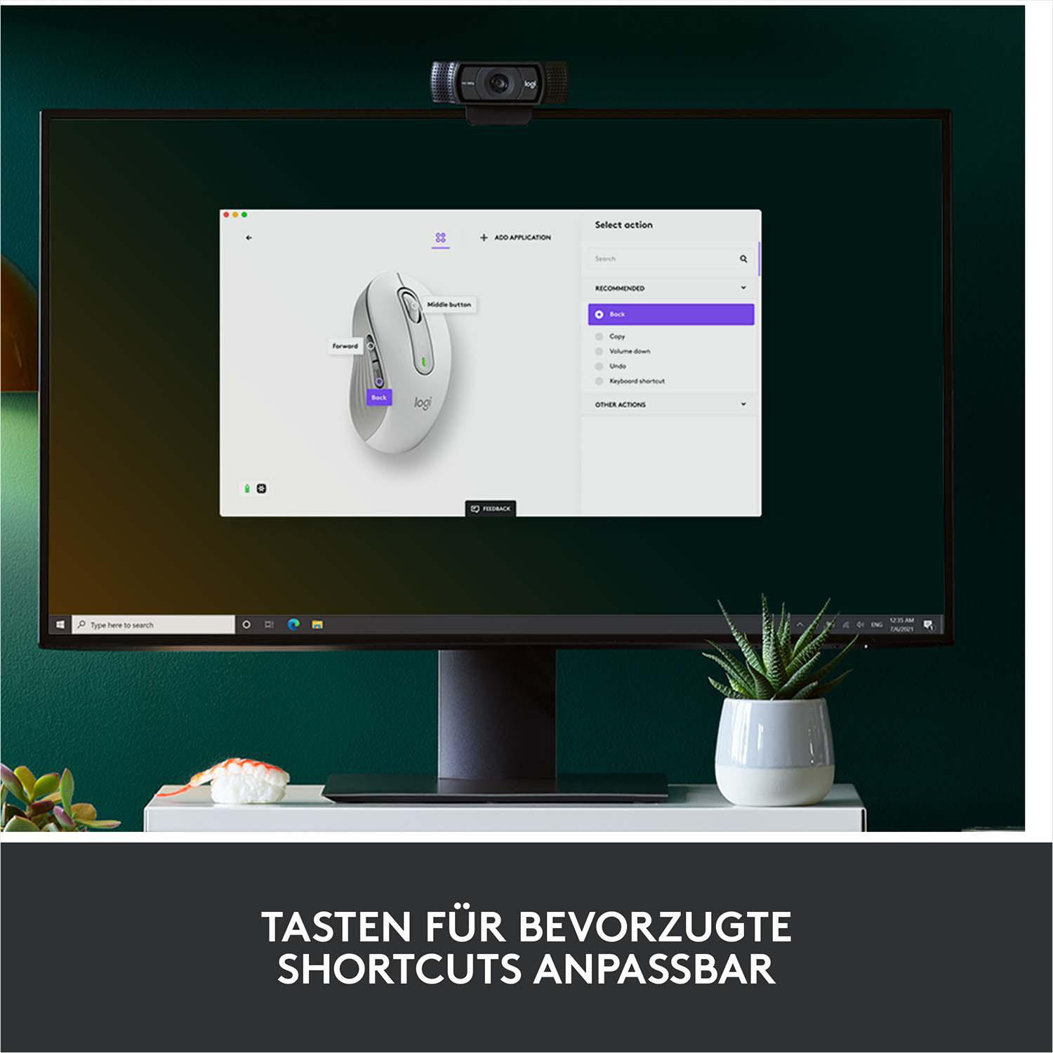Monitor mit Maus und Webcam. Text: Shortcuts anpassbar.