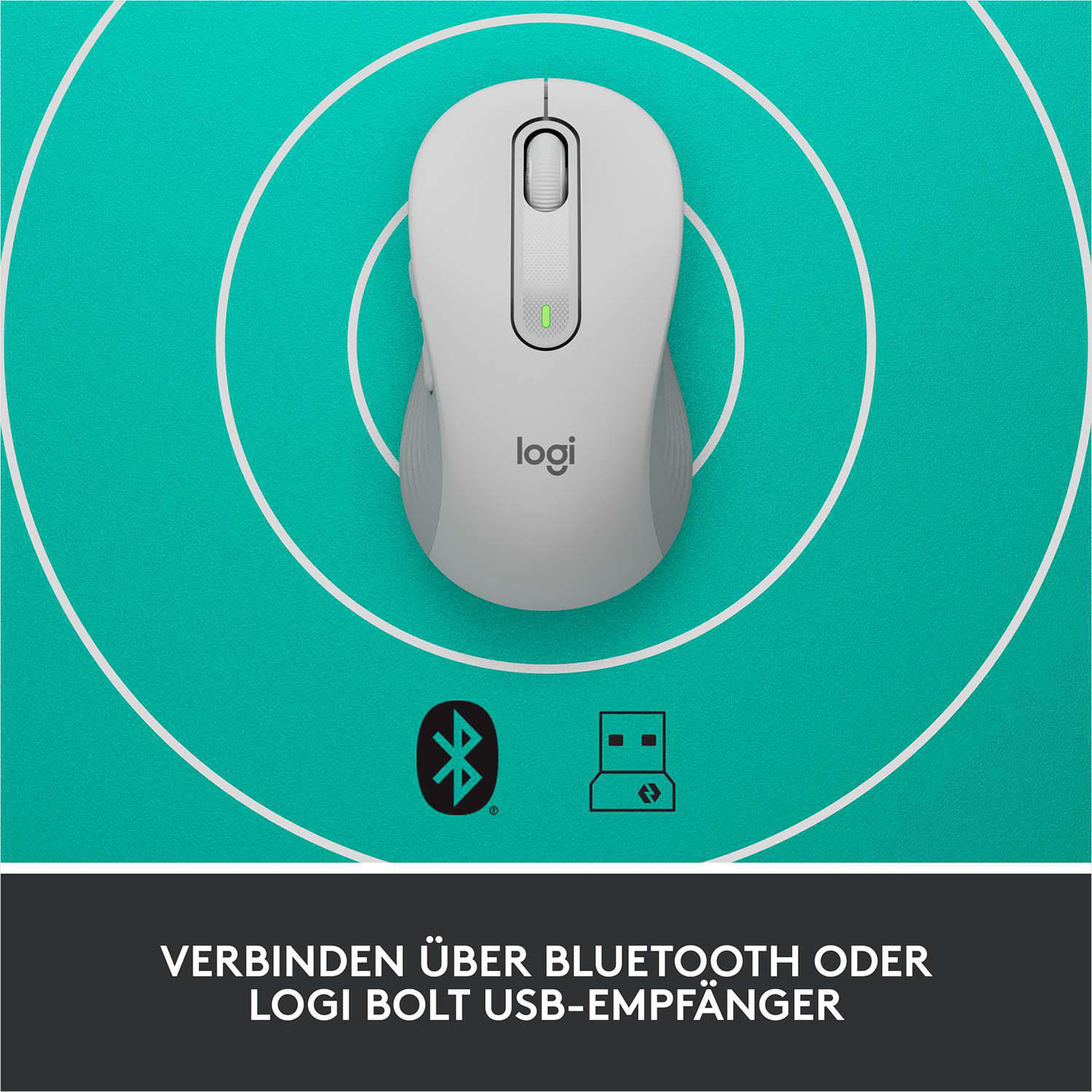 Weiße Logitech-Maus auf türkisfarbener Oberfläche mit Bluetooth- und USB-Symbolen.