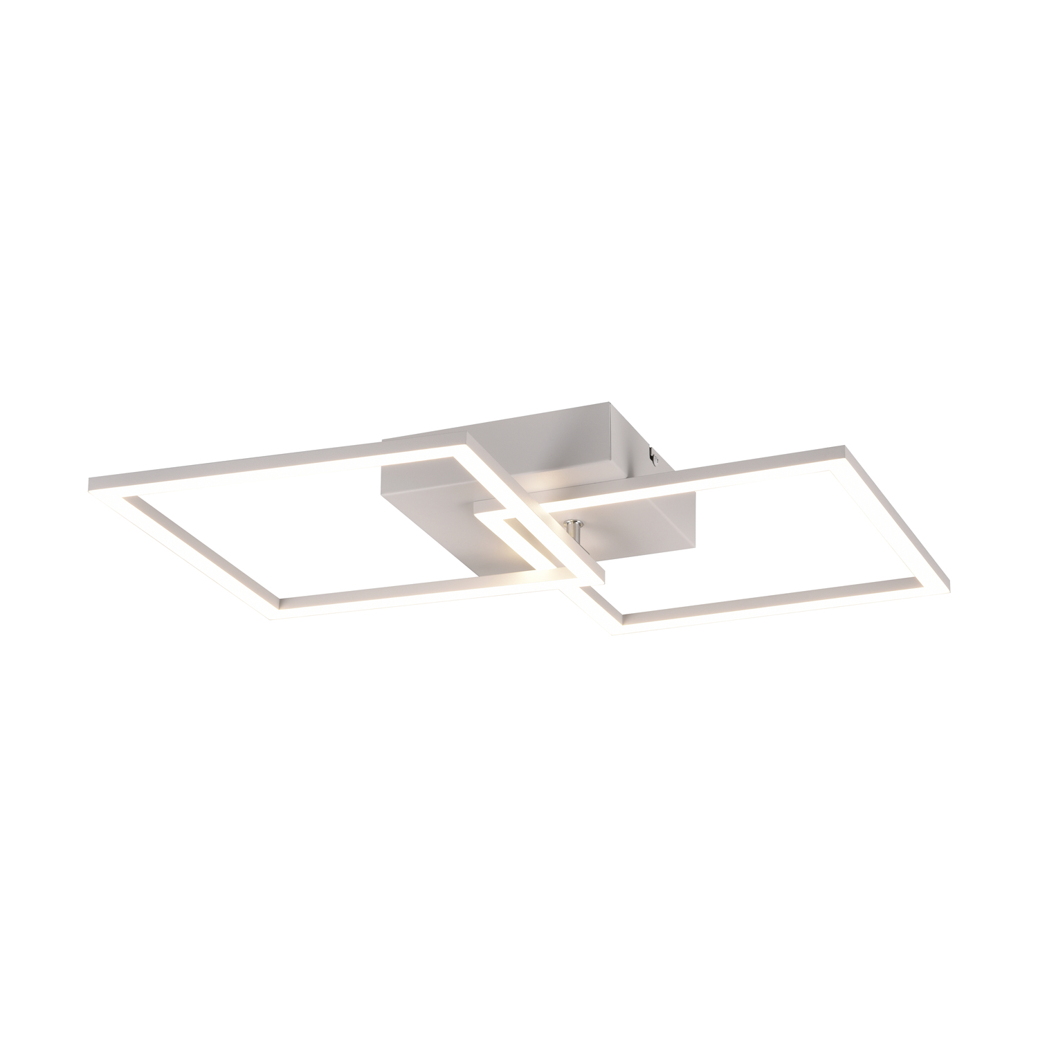 Lampada da soffitto moderna con due elementi luminosi quadrati, bianco su bianco.
