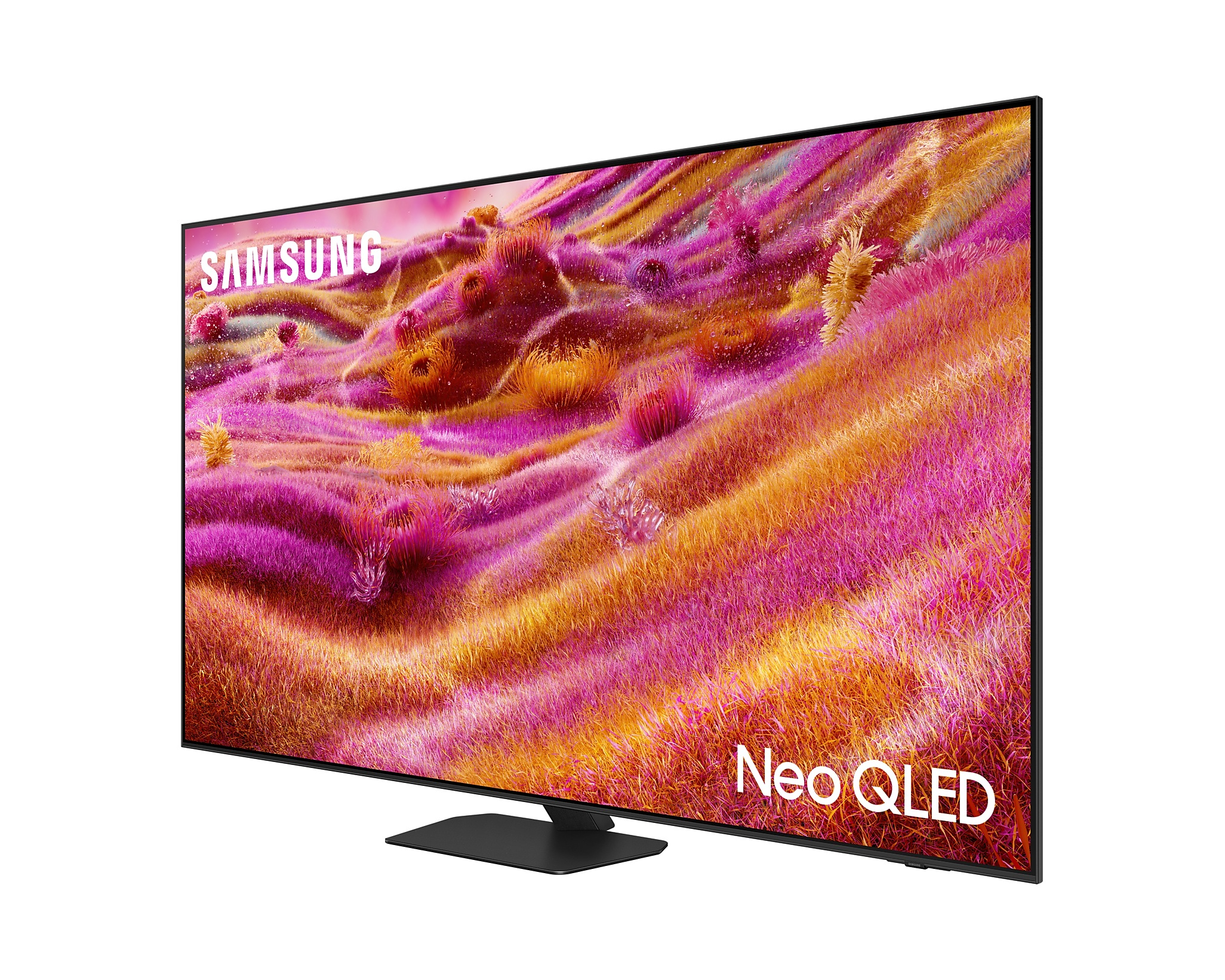 Nagy Samsung Neo QLED TV, szögből. A képernyő egy színes, absztrakt képet jelenít meg.