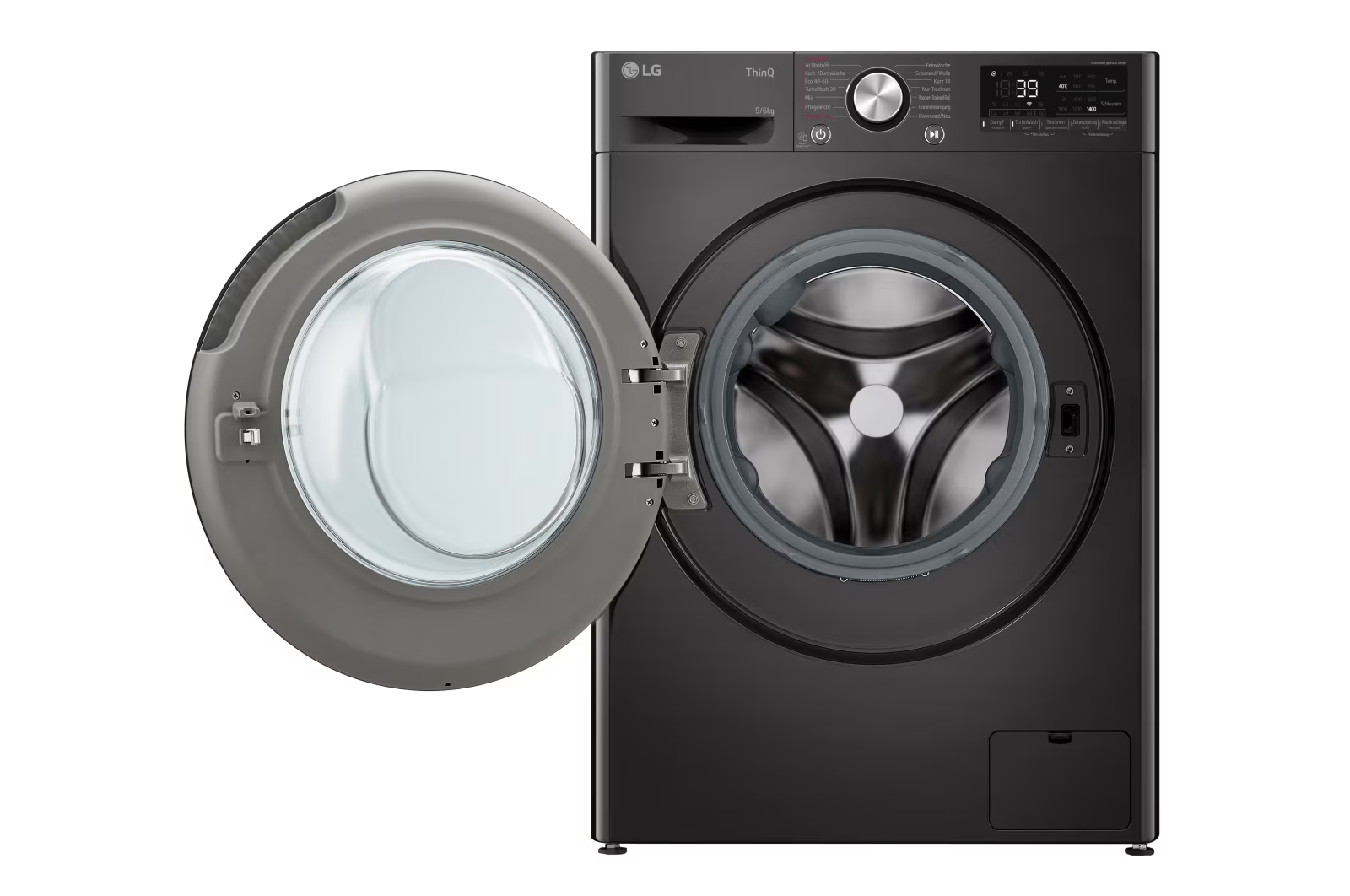 Schwarze LG Waschmaschine mit offener Tür, die das Innere zeigt.