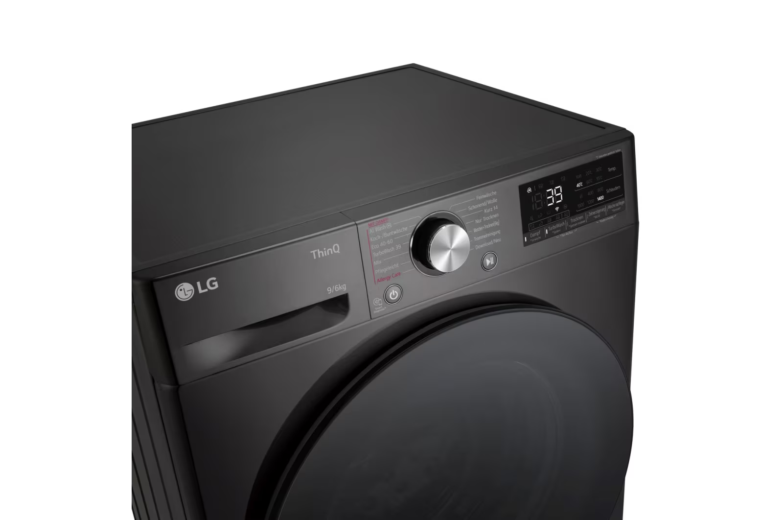 Schwarze LG Waschmaschine mit Bedienfeld und schwarzer Tür.