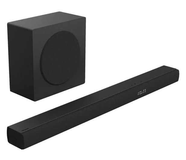 Czarny subwoofer i soundbar są wyświetlane na białym tle.