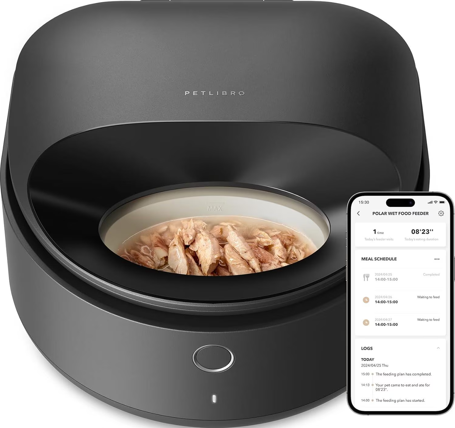 Schwarzer Petlibro Smart-Futterautomat mit Futter und einem Telefon, das die App-Oberfläche anzeigt.