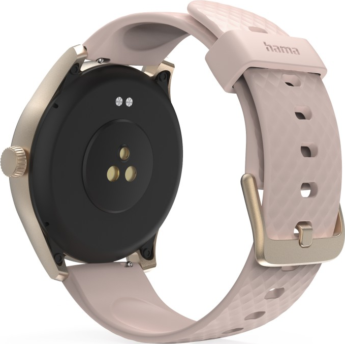 Eine Smartwatch mit pinkfarbenem Armband. Die Uhr ist goldfarben und hat einen schwarzen Bildschirm. Weißer Hintergrund.