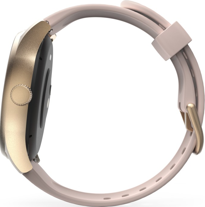 Seitenansicht einer Smartwatch mit goldfarbenem Gehäuse und rosa Armband. Die Schnalle ist sichtbar.