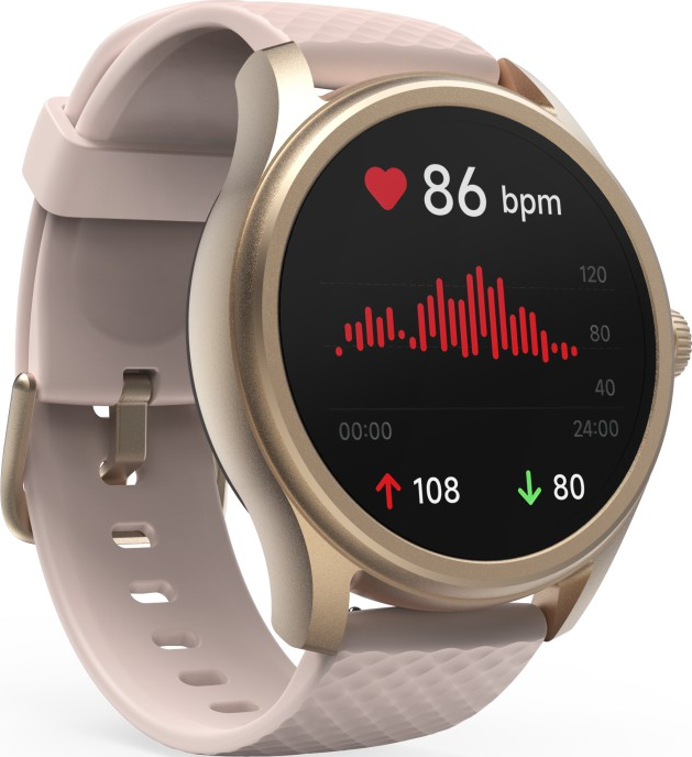 Eine goldene Smartwatch zeigt eine Herzfrequenz von 86 bpm an.