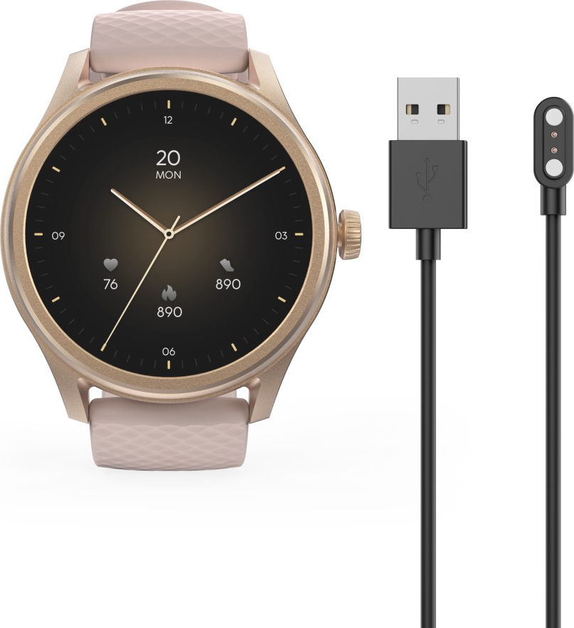 Smartwatch mit Anzeige von Datum, Herzfrequenz und anderen Daten. Inklusive Ladekabel.