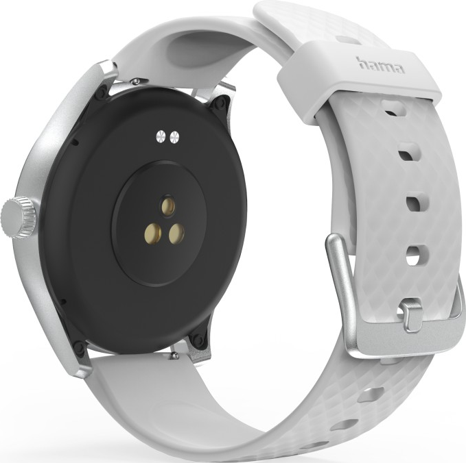 Eine weiße Smartwatch mit schwarzer Rückseite. Die Uhr hat einen silbernen Rahmen und ein weißes Armband. Die Marke 'hama' ist sichtbar.