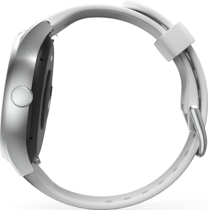 Eine silberne Smartwatch mit weißem Armband. Die Uhr ist rund mit einem Knopf an der Seite. Das Armband hat eine Schnalle.