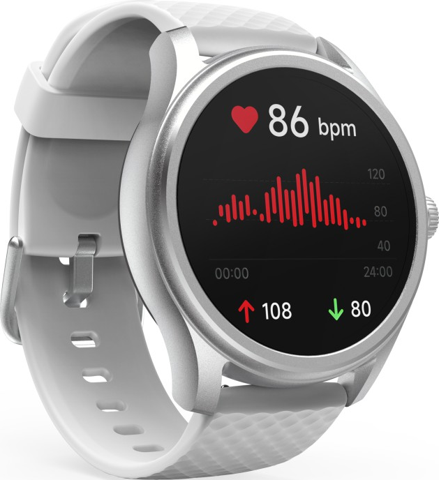 Eine weiße Smartwatch zeigt die Herzfrequenz von 86 bpm an. Der Bildschirm zeigt ein rotes Herzsymbol, ein Diagramm und Pfeile mit Zahlen.