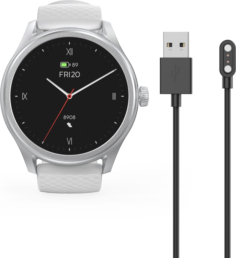 Eine silberne Smartwatch mit weißen Armbändern, einem schwarzen Zifferblatt und einem Ladekabel daneben.