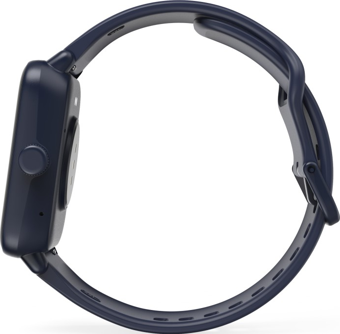 Eine marineblaue Smartwatch wird von der Seite gezeigt. Die Uhr hat ein quadratisches Zifferblatt, einen Knopf an der Seite und ein Armband mit Schnalle.