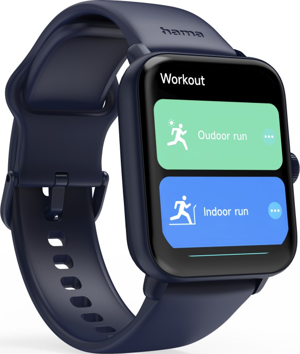 Eine dunkelblaue Smartwatch zeigt die Optionen „Workout“: „Outdoor-Lauf“ und „Indoor-Lauf“. Die Uhr hat ein dunkelblaues Armband.