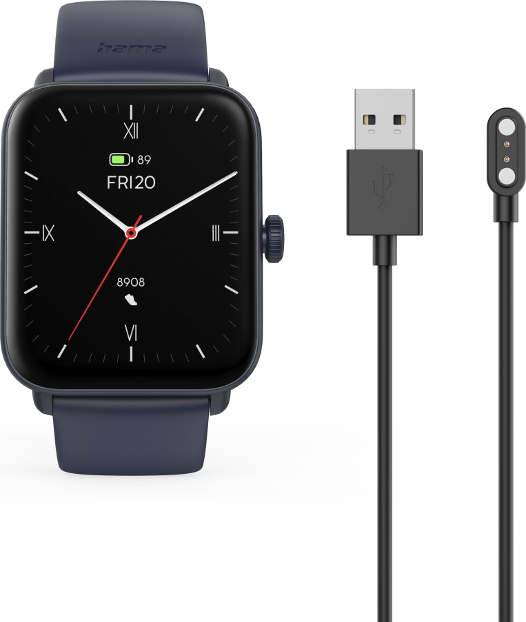 Eine Smartwatch mit schwarzem Zifferblatt und marineblauem Armband, mit USB-Ladekabel und magnetischem Ladekabel.