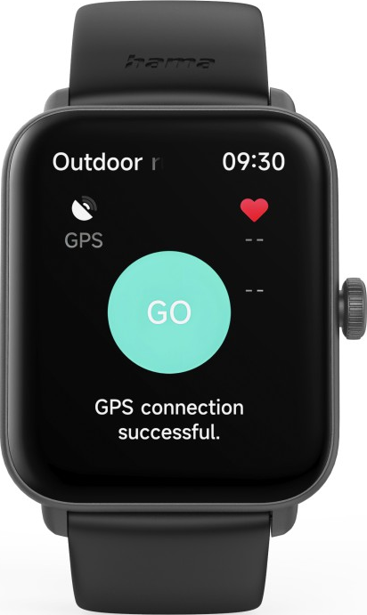 Schwarze Smartwatch mit erfolgreichem GPS-Verbindungsbildschirm, Herzsymbol.