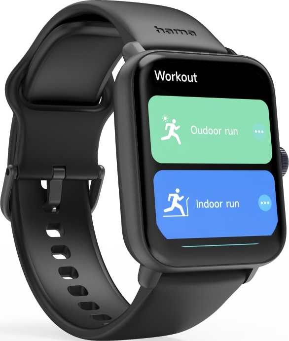 Schwarze Smartwatch mit Trainingsoptionen: Outdoor-Lauf und Indoor-Lauf.