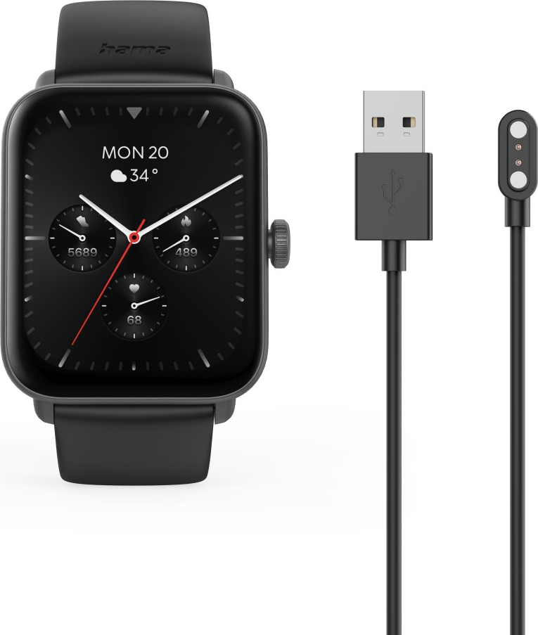 Schwarze Smartwatch zeigt Datum, Schritte und Herzfrequenz. Inklusive Ladekabel.