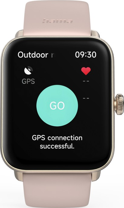 Smartwatch zeigt den GPS-Verbindungsstatus mit einer 'GO'-Taste. Die Uhr hat ein rosa Armband.