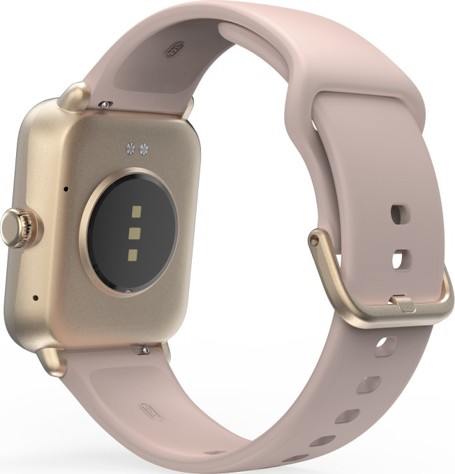 Smartwatch mit rosa Armband. Die Rückseite zeigt den Herzfrequenzsensor und die Ladekontakte.