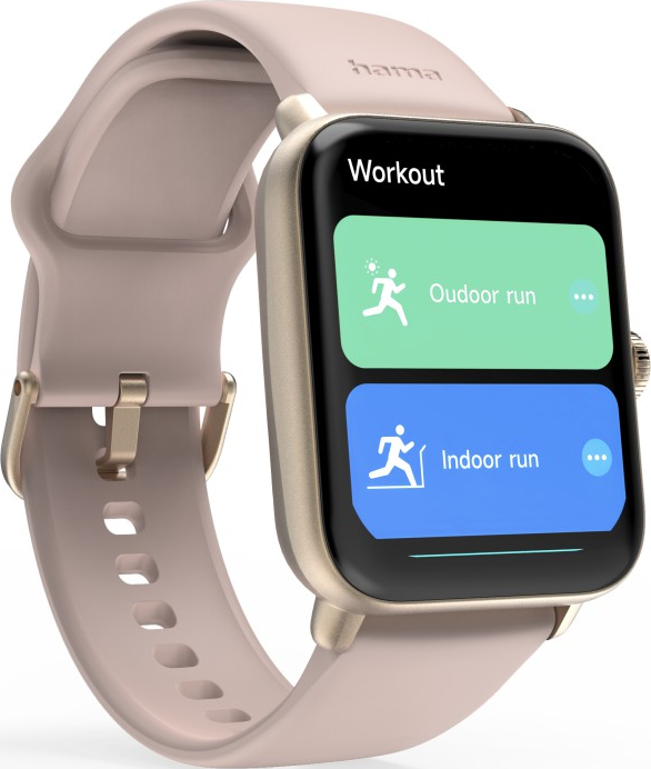 Smartwatch mit rosa Armband. Der Bildschirm zeigt Workout-Optionen: Outdoor und Indoor Run.