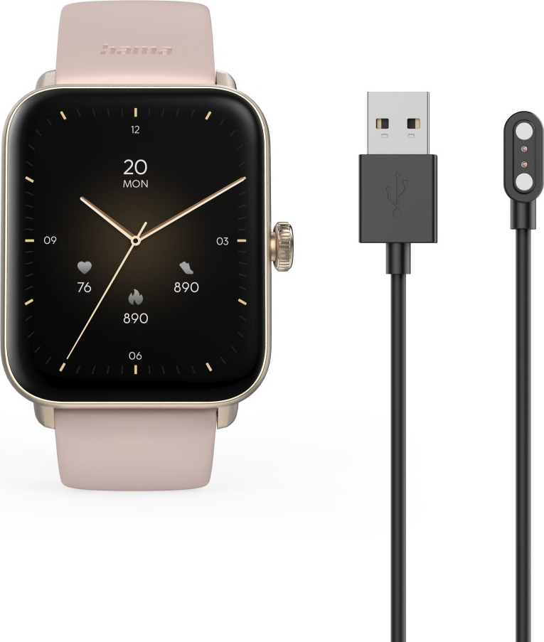 Smartwatch mit rosa Armband. Zeigt Uhrzeit und Datum an. Ein Ladekabel liegt daneben.