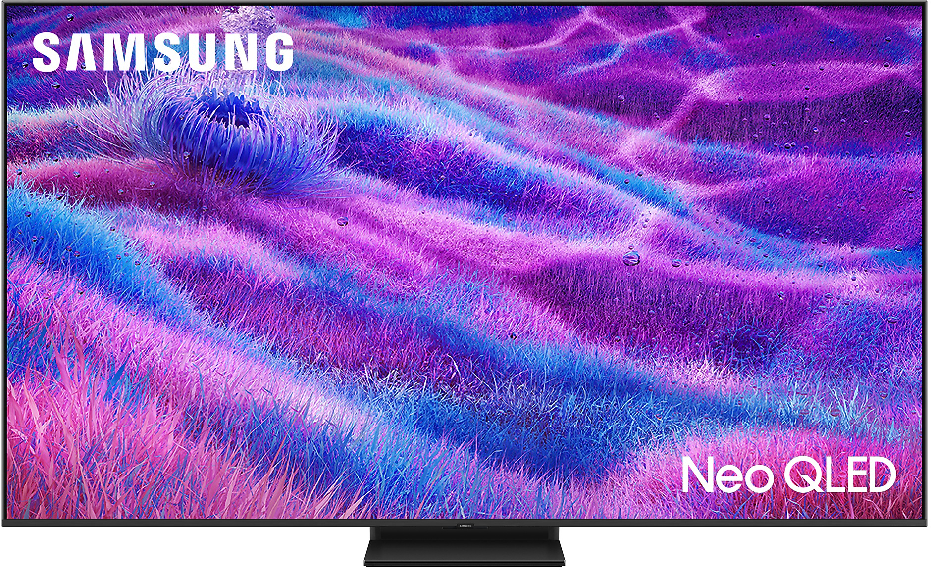 Egy Samsung Neo QLED TV, amely színes virágokból és vízcseppekből álló hátteret mutat.