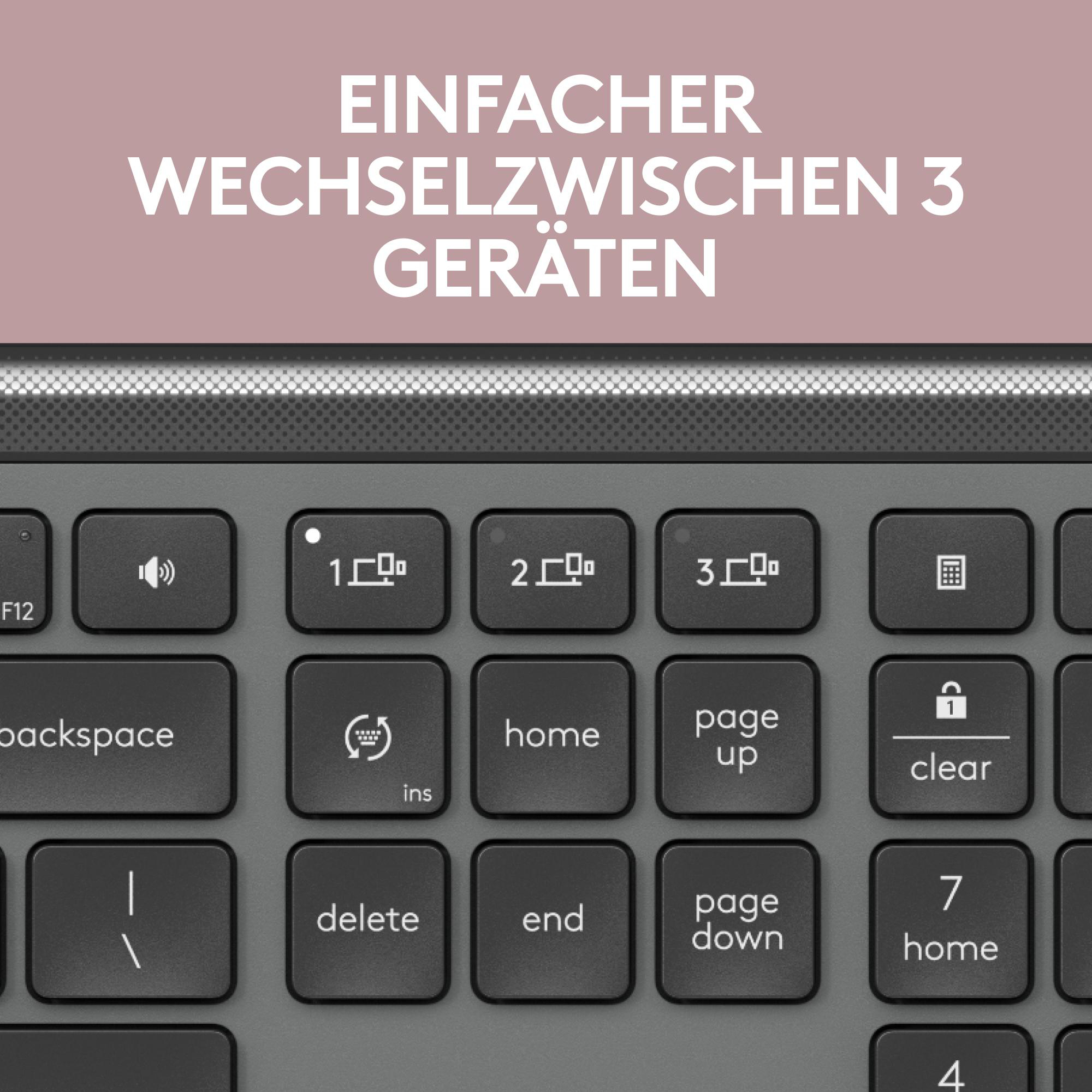 Nahaufnahme einer grauen Tastatur mit schwarzen Tasten und dem Text 'EINFACHER WECHSELZWISCHEN 3 GERÄTEN'.