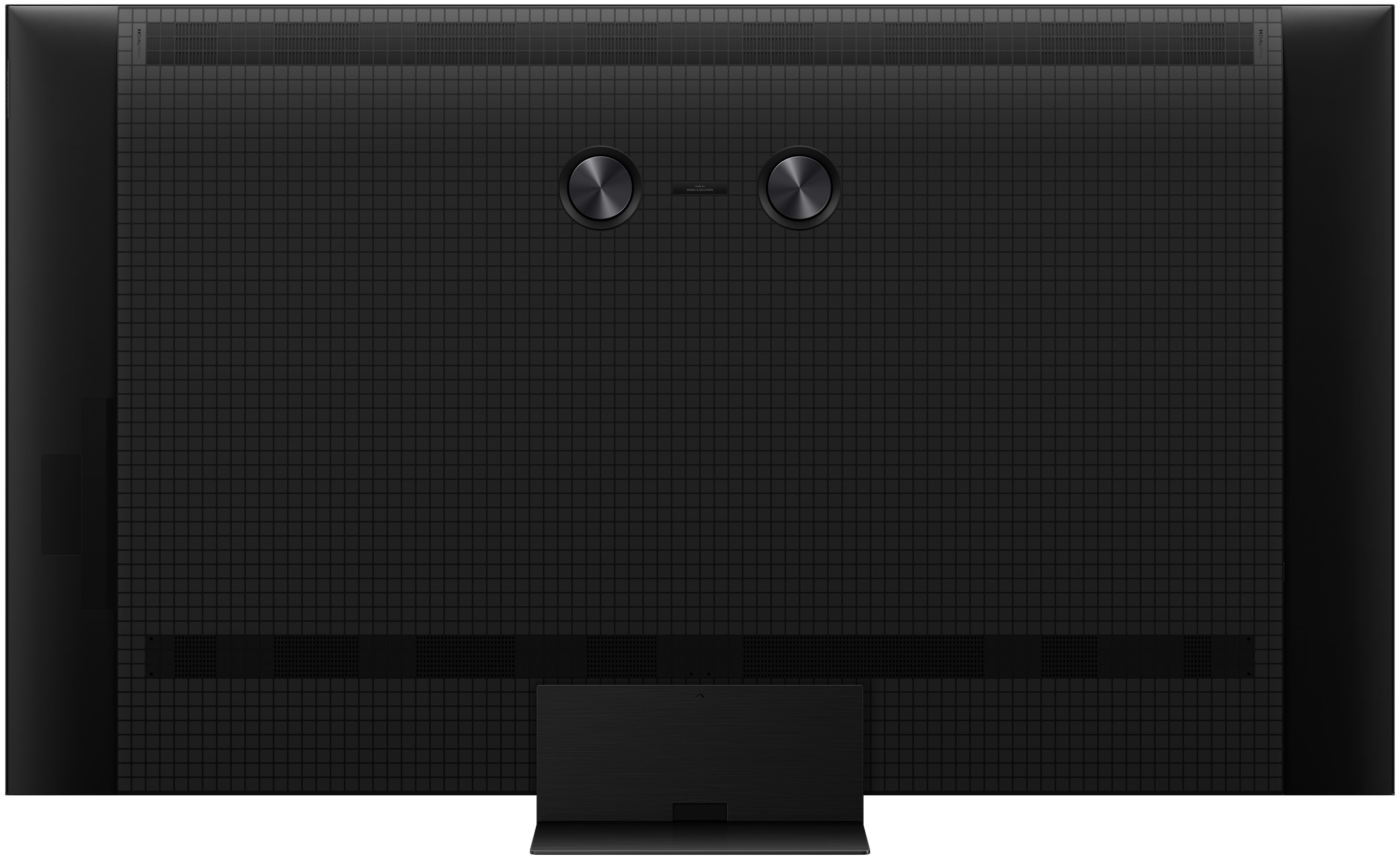 Rückansicht eines großen schwarzen Fernsehers. Zwei kreisförmige Knöpfe und ein Ständer unten.