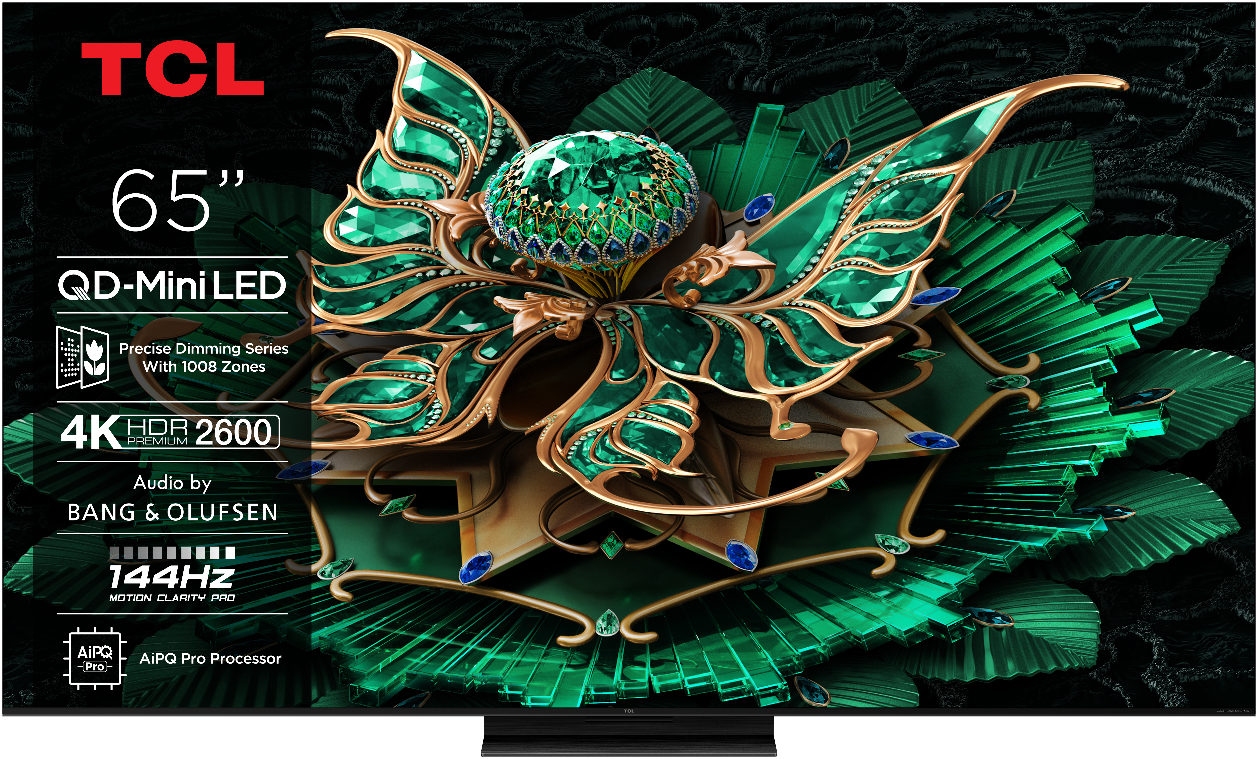 TCL-Fernseher mit bunter abstrakter Kunst und 65" Bildschirmgröße.