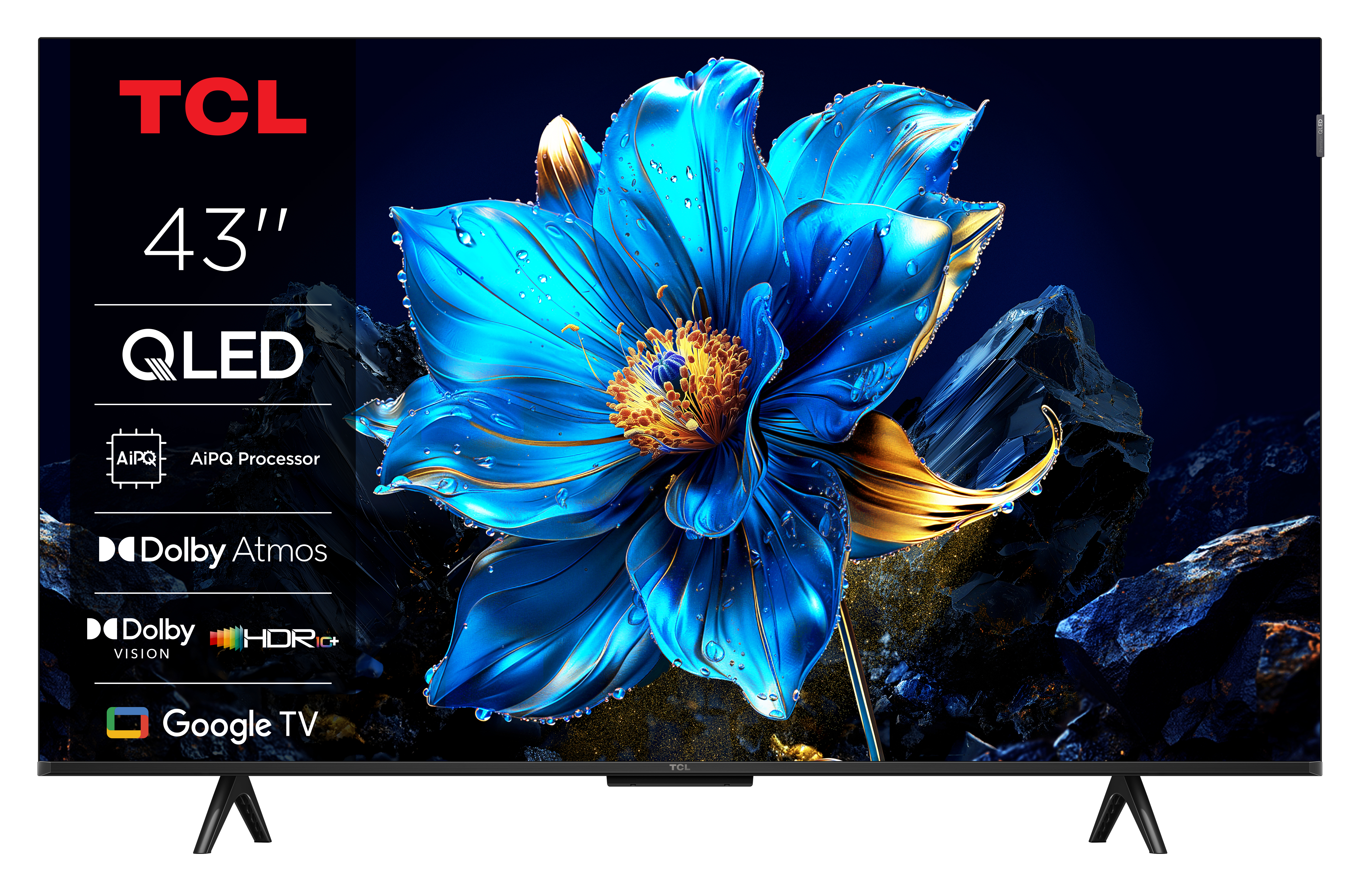 TCL 43" QLED-Fernseher mit Blumenkunst und Google TV-Logo.