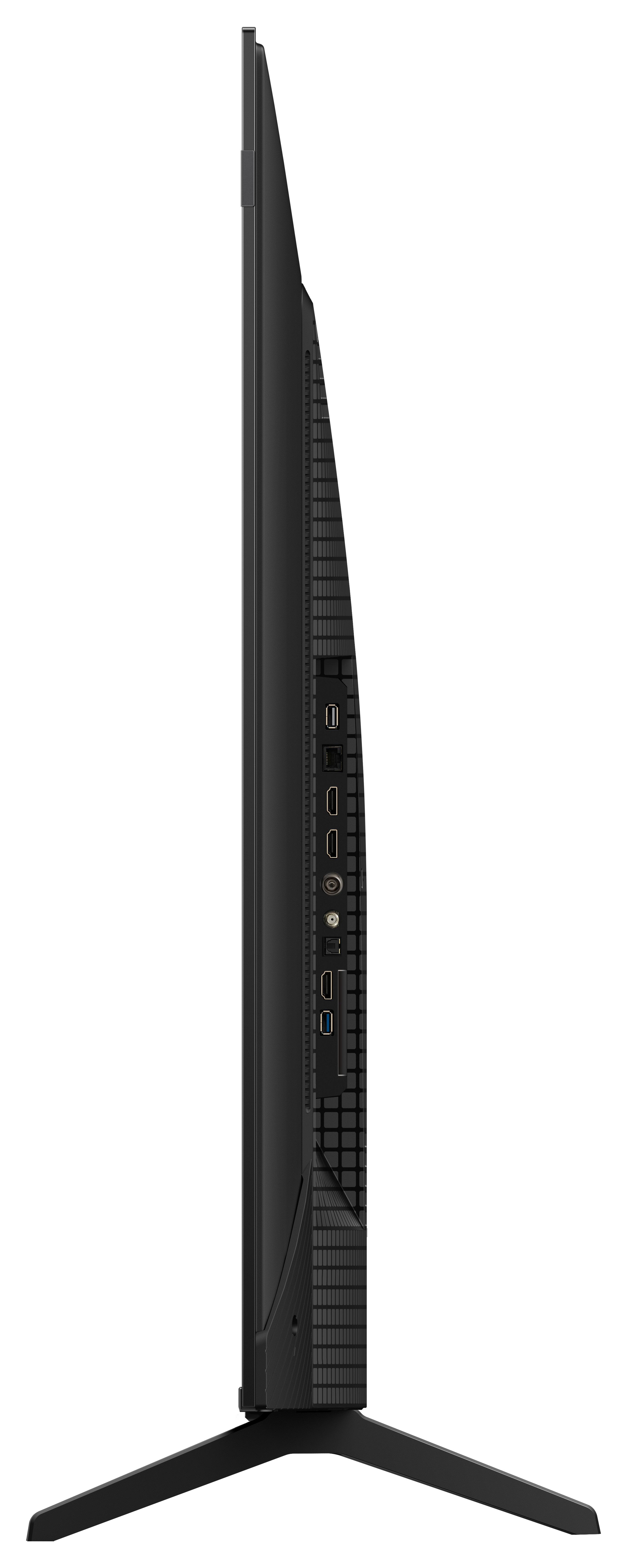 Seitenansicht eines schwarzen Fernsehers mit Ständer, Anschlüssen und schlankem Design.